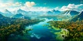 tranquil aerial view of a serene lake nestled amidst a dense forest, reflecting the surrounding trees and mountains