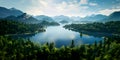 tranquil aerial view of a serene lake nestled amidst a dense forest, reflecting the surrounding trees and mountains