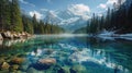 Tranquil Alpine lake with crystal clear water reflecting the snow-capped mountains and lush forests of the surrounding landscape