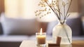 Tranquil Aromatherapy - A Cozy Table Setting Featuring a Reed Diffuser, Candle, Eucalyptus, and Perfume in a Hygge-Inspired Home Royalty Free Stock Photo