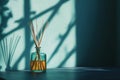 Tranquil aromatherapy diffuser on table with sunlit shadows and mint green wall Royalty Free Stock Photo