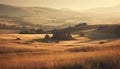 Tranquil autumn dawn on rustic Italian farm, rolling wheat bales generated by AI