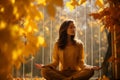 Tranquil Autumn Essence. Young Woman Engaging in Serene Relaxation Yoga under the Bright Daytime Sky