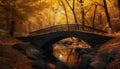 Tranquil autumn footpath crosses bridge over foggy forest ravine generated by AI Royalty Free Stock Photo