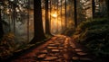Tranquil autumn footpath, sunlight through fog, mysterious forest beauty generated by AI
