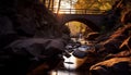 Tranquil autumn forest, flowing water, stone bridge, man made beauty generated by AI Royalty Free Stock Photo