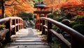 Tranquil autumn forest, Japanese maple, footpath, wooden bridge generated by AI