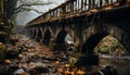 Tranquil autumn forest, man made bridge over flowing water generated by AI Royalty Free Stock Photo