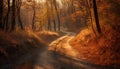 Tranquil autumn forest, vibrant colors vanish ahead generated by AI