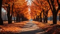 Tranquil autumn forest, vibrant leaves, walking on treelined footpath generated by AI