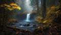 Tranquil autumn forest, wet leaves, flowing water generated by AI