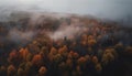 Tranquil autumn forest, yellow leaves, fog, mountain peak, sunrise beauty generated by AI Royalty Free Stock Photo