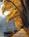 Tranquil Autumn Lakeside Serenity: Vibrant Path, Boats, and Golden Foliage