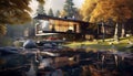 Tranquil autumn landscape forest reflection, mountain, built structure, grass generated by AI