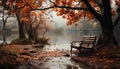 Tranquil autumn landscape tree, leaf, pond, reflection, grass, bench generated by AI Royalty Free Stock Photo