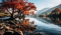 Tranquil autumn landscape tree reflects in peaceful mountain pond generated by AI Royalty Free Stock Photo