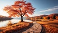 Tranquil autumn landscape yellow tree reflects in peaceful pond generated by AI Royalty Free Stock Photo