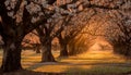 Tranquil autumn meadow, vibrant leaves, sunlight on tree, rural beauty generated by AI