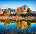 Tranquil autumn scene of Limides Lake and Lagazuoi mountain. Colorful morning view of Dolomite Alps, Falzarego pass, Cortina d` Royalty Free Stock Photo