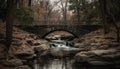 Tranquil autumn scene, man made bridge over flowing water generated by AI Royalty Free Stock Photo