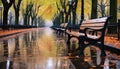 Tranquil autumn scene, tree, leaf, bench, yellow generated by AI