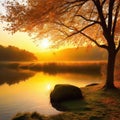 Tranquil autumn sunlight on yellow waters edge reflection generated by