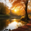 Tranquil autumn sunlight on yellow waters edge reflection generated by