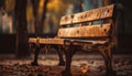 Tranquil autumn sunset on abandoned rustic bench generated by AI