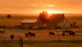 A tranquil autumn sunset, a farmer group harvests nature bounty generated by AI