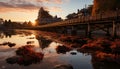 Tranquil autumn sunset reflects on famous bridge, nature beauty generated by AI Royalty Free Stock Photo