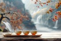 Tranquil Autumn Tea Ceremony Setting with Waterfall and Colorful Leaves in Nature