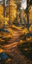Tranquil autumn trail path winding through golden forest Royalty Free Stock Photo