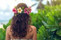 Tranquil Back view woman hawaii beach girl. Generate AI