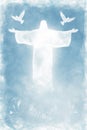 In the tranquil backdrop of an Easter blue and white card, a drawing portrays Jesus with outstretched arms in a sky