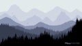 Tranquil backdrop, pine forests, mountains in the background. Dark blue tones