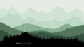 Tranquil backdrop, pine forests, mountains in the background. green tones