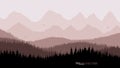 Tranquil backdrop, pine forests, mountains in the background. Light brown tones