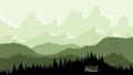Tranquil backdrop, pine forests, mountains in the background. light green lemon tones, flying birds.