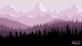 Tranquil backdrop, pine forests, mountains in the background. purple pink tones, flying birds. Royalty Free Stock Photo