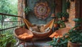 Tranquil balcony oasis with a hammock, lush plants, bohemian rug