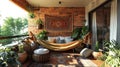 Tranquil balcony oasis with a hammock, lush plants, bohemian rug