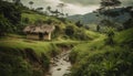 Tranquil Bali hut amidst terraced rice paddy and lush tropical forest generated by AI Royalty Free Stock Photo
