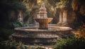 Tranquil Bali pond illuminated by ancient Hindu statue at dusk generated by AI