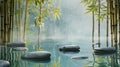 Tranquil Bamboo Forest Pond with Stepping Stones Path in the Morning Mist