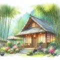 Tranquil Bamboo Teahouse: Serene Retreat in Watercolor Art