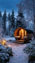 Tranquil Barrel Sauna in Winter Forest at Dusk with Snow-Covered Landscape Royalty Free Stock Photo