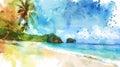 A tranquil beach scene with the addition of colorful watercolor splatters adding an artistic touch to the natural beauty Royalty Free Stock Photo