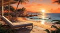 tranquil beach scene with ample copy space, bathed in the warm and golden hues of late afternoon sunlight by AI generated