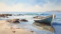 Tranquil Beach Scene: Boat Painting In Washed-out Style