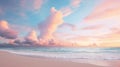 A tranquil beach scene at dawn with soft pastel skies.